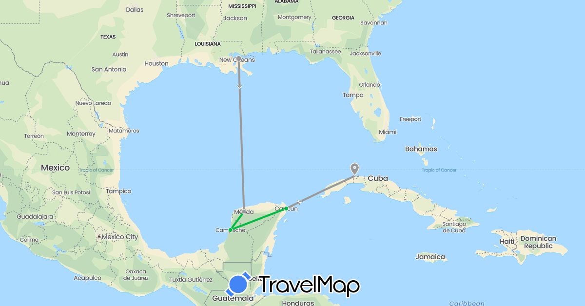 TravelMap itinerary: driving, bus, plane in Cuba, Mexico, United States (North America)